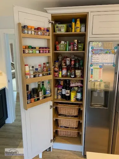 Full-height larder cupboard opened to show oak spice racks on the doors, pull-out baskets and shelving