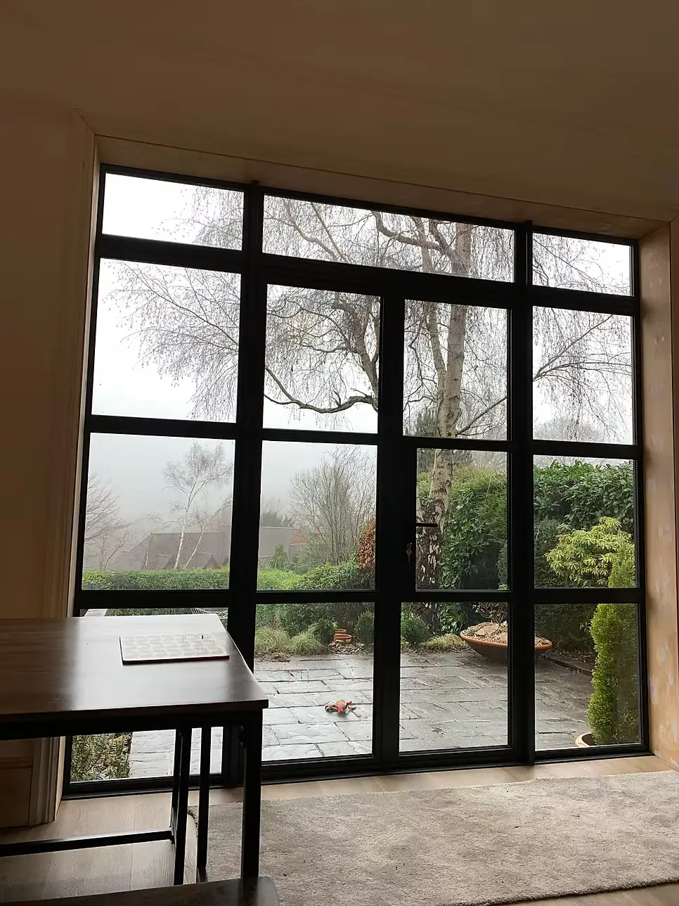Full height steel-look glazed screen and door fitted into a garden-facing wall, with slim black frames and a view onto a paved terrace